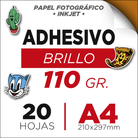 Resma de 20 Hojas Autoadhesivas A4 Brillo / 110gr. / Papel Fotográfico
